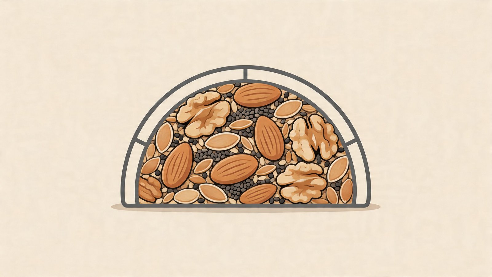 A semicircular bowl filled with a nutritious mix of almonds, walnuts, pumpkin seeds, and chia seeds.