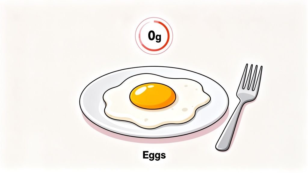 A cartoon illustration of a sunny-side-up egg on a white plate with a fork, indicating "0g" carbs/sugar.