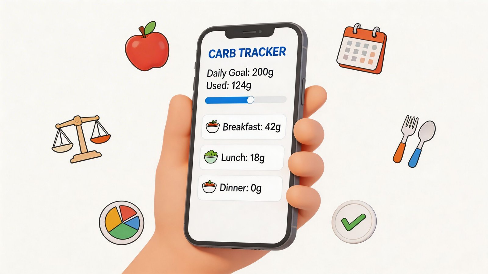 A hand holding a smartphone displaying a carb tracker app with daily nutritional progress and icons.
