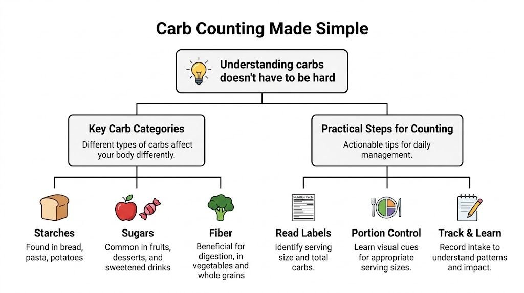 A flowchart infographic titled Carb Counting Made Simple explaining carbohydrate categories and practical counting steps.