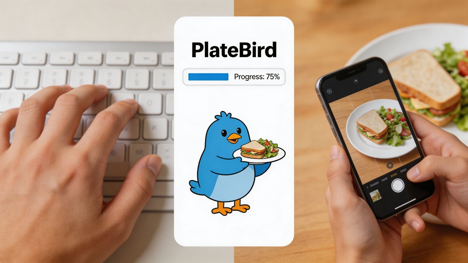 A digital app interface called PlateBird showing food tracking progress with a cartoon bird holding a sandwich.