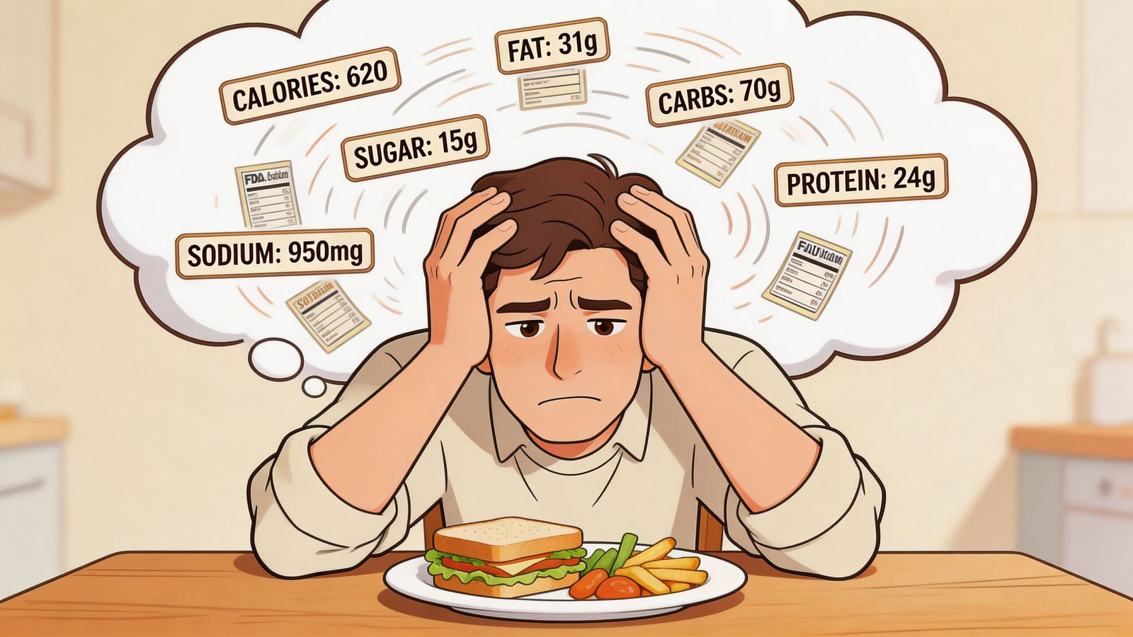 A stressed man sitting at a dining table contemplating nutrition facts while looking at his lunch.