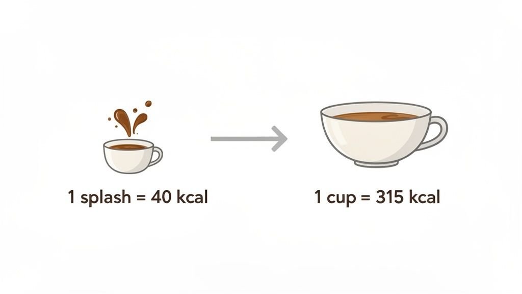 Comparison of coffee servings: 1 splash equals 40 kcal, while 1 cup equals 315 kcal.