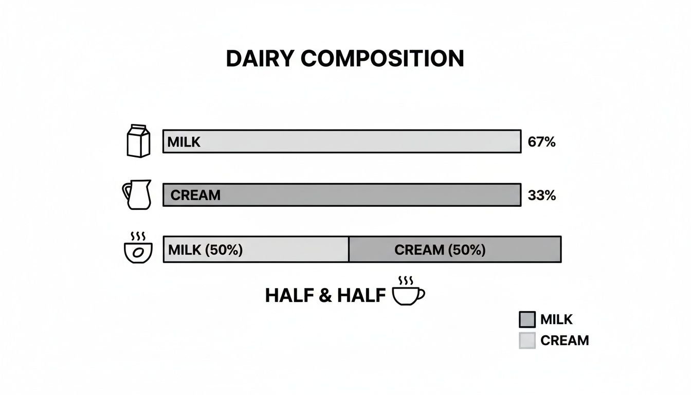 Infographic illustrating dairy composition: milk (67%), cream (33%), and half & half (50% milk, 50% cream).