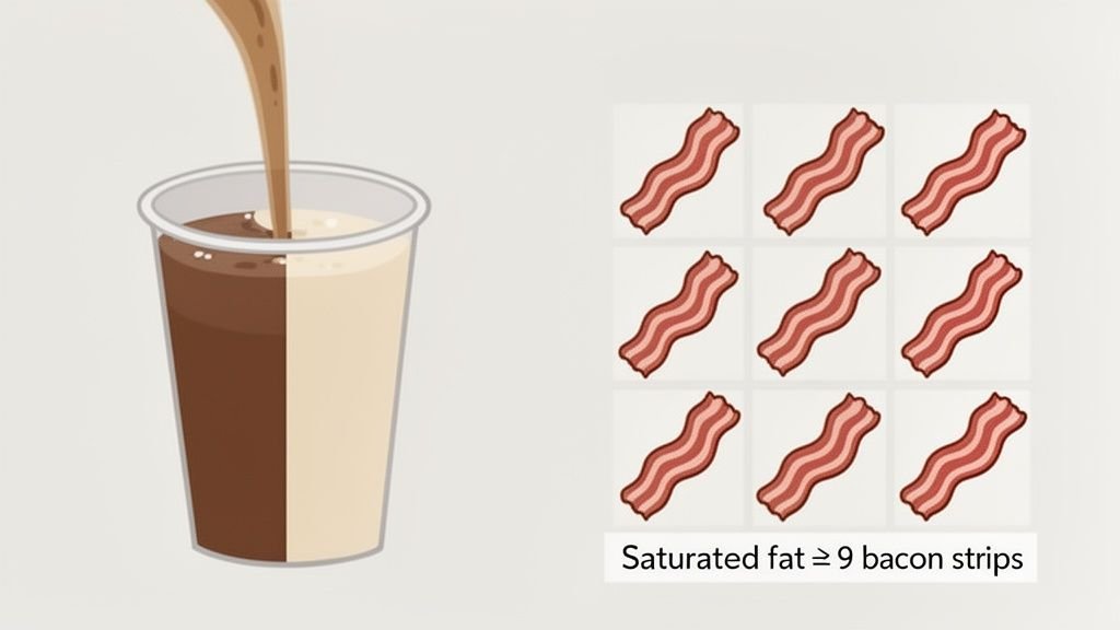 A cup being filled with coffee and cream, next to an infographic stating its saturated fat content equals nine bacon strips.