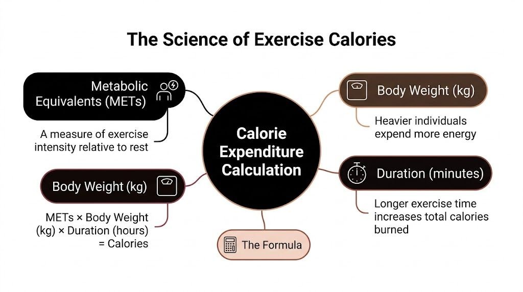 An infographic titled The Science of Exercise Calories illustrating the formula used to calculate energy expenditure during exercise.