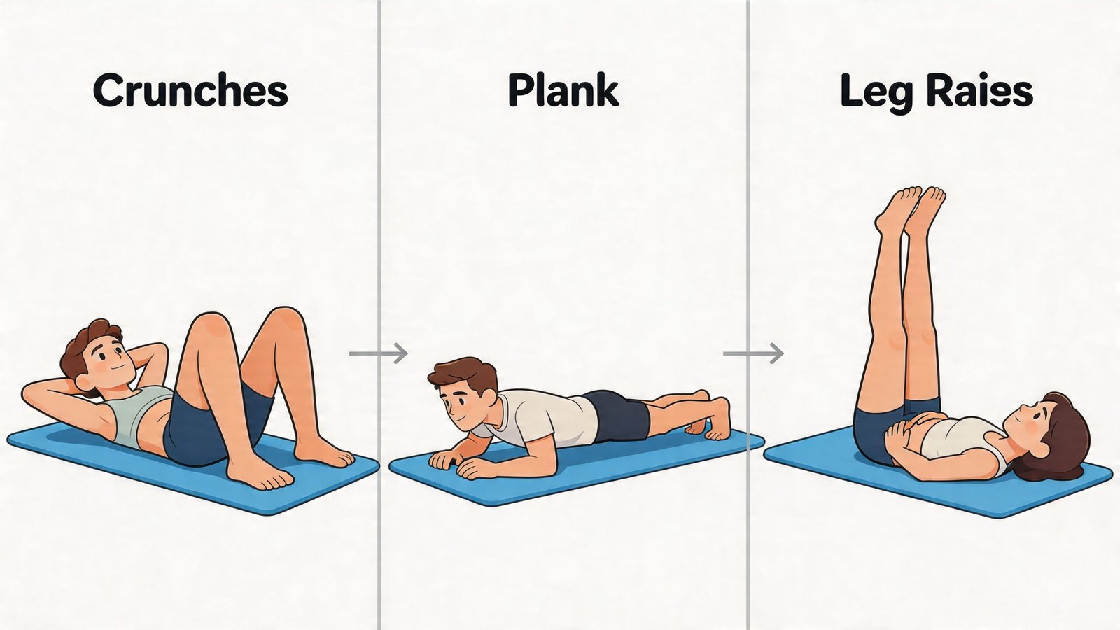 A diagram illustrating three core exercises: crunches, planks, and leg raises for a home workout routine.