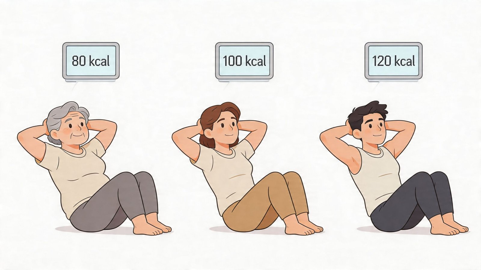 A digital illustration showing three people performing sit-ups with their respective calorie burn amounts displayed above.