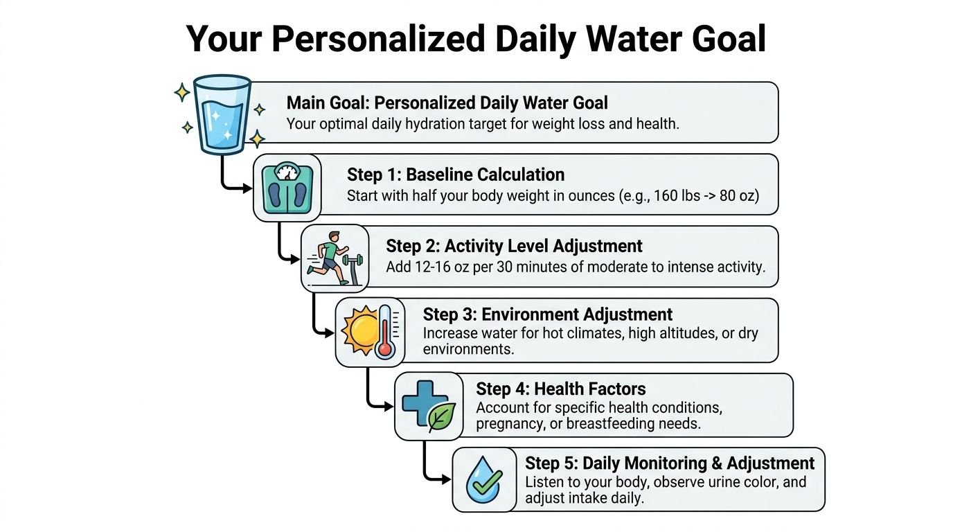 An infographic showing a five-step guide for calculating your daily water intake goal for weight loss.
