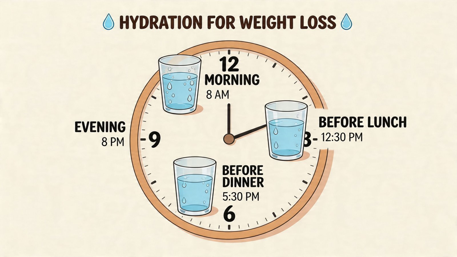 A clock graphic showing recommended times to drink water throughout the day for weight loss assistance.