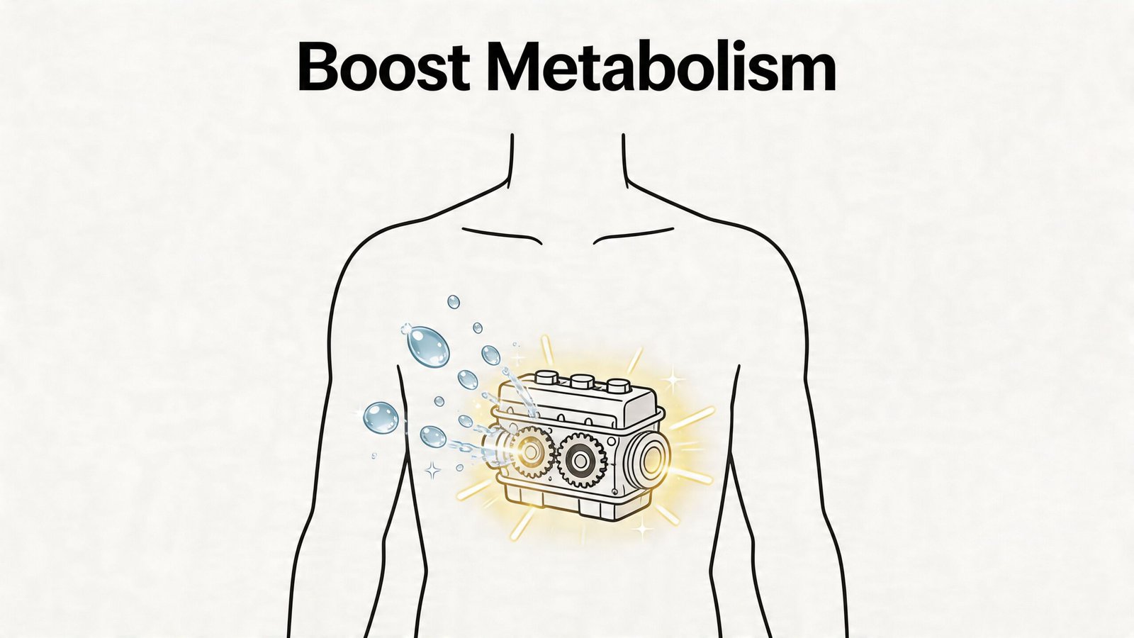 An illustration showing a human torso with a mechanical engine inside, surrounded by water bubbles and sparkles.