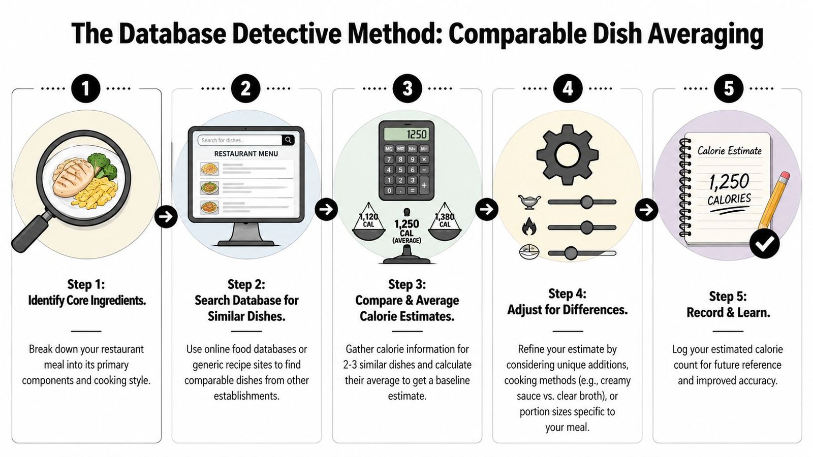 A five-step infographic illustrating the database detective method for estimating calories when eating out at restaurants.