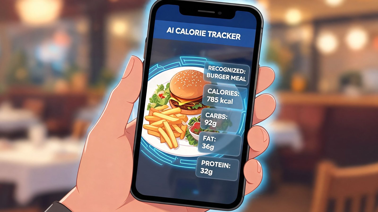 A hand holding a smartphone showing an AI app identifying a burger meal with nutritional statistics.