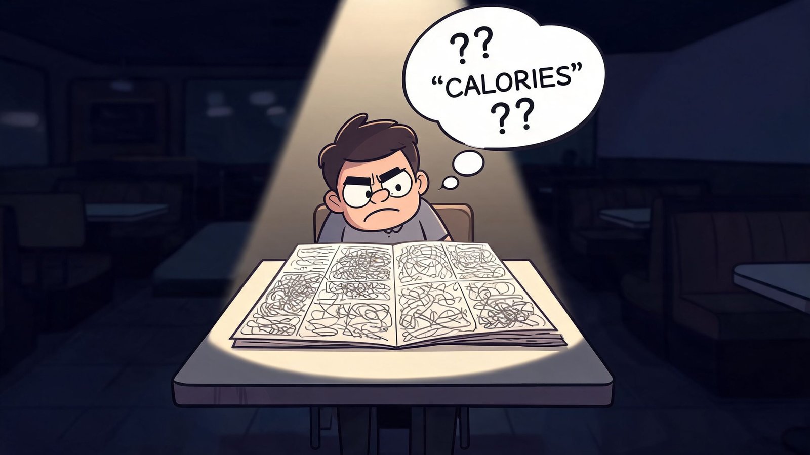 A confused man in a dimly lit restaurant reading a menu and wondering about calories.