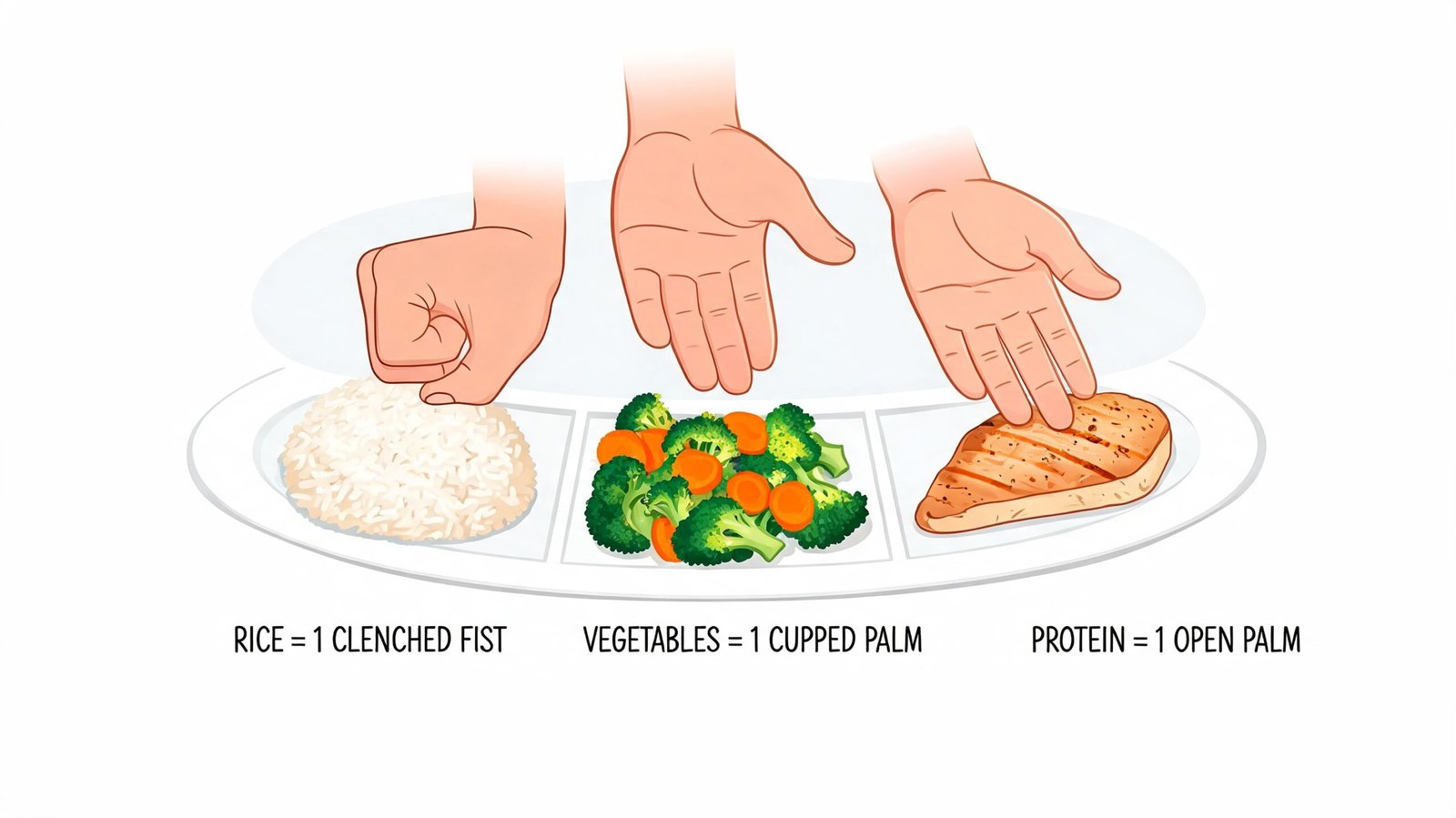 A diagram illustrating how to estimate portion sizes for rice, vegetables, and protein using hand measurements.