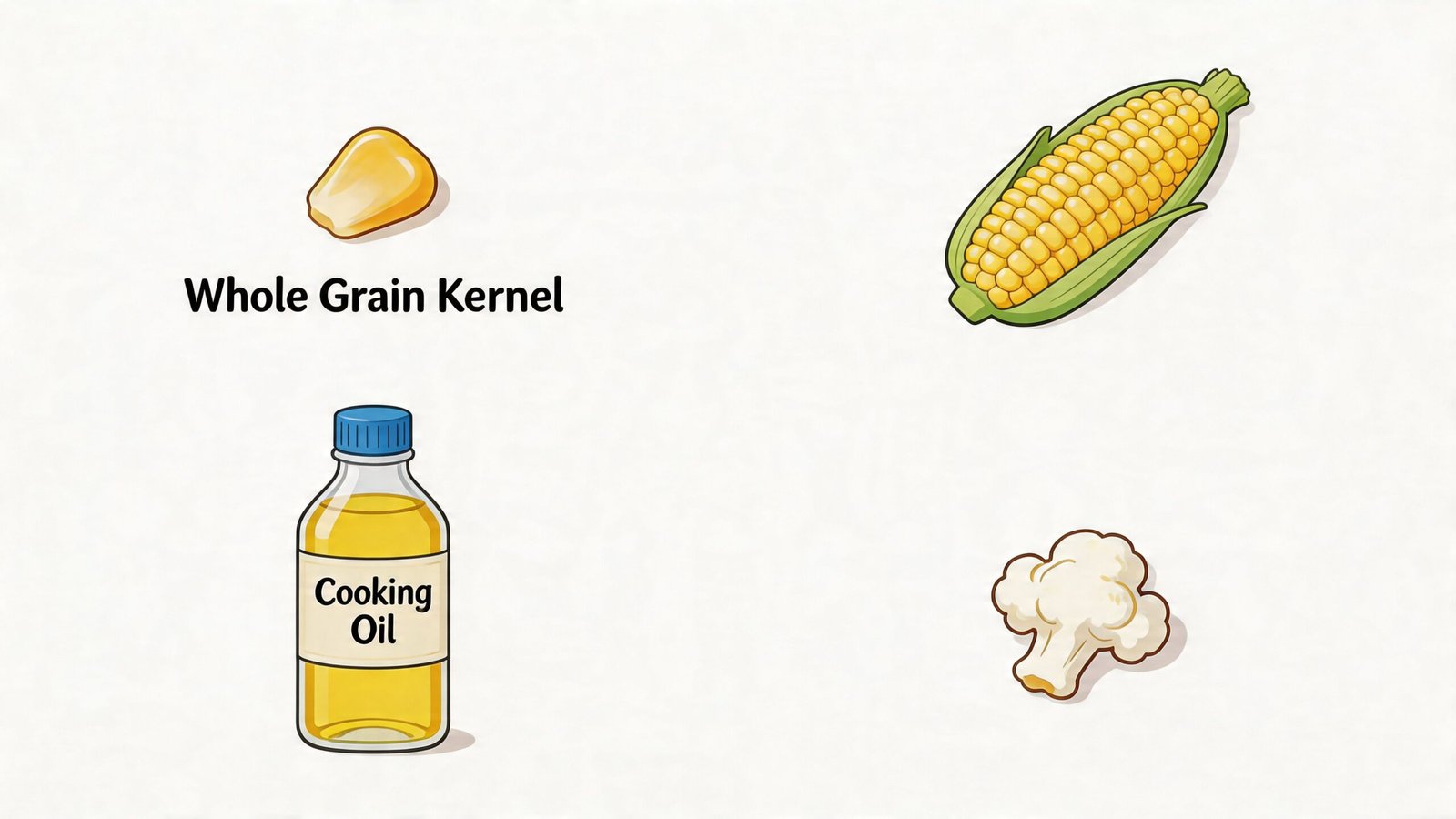 An illustration showing a corn kernel, a corn cob, a bottle of cooking oil, and a cauliflower piece.