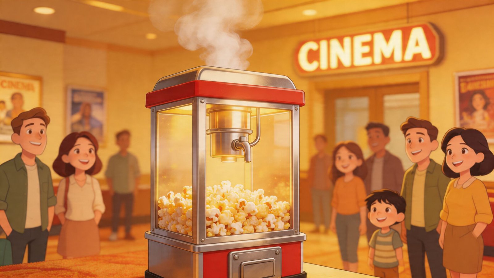 A retro-style popcorn machine filled with fresh popcorn stands in the lobby of a brightly lit cinema.