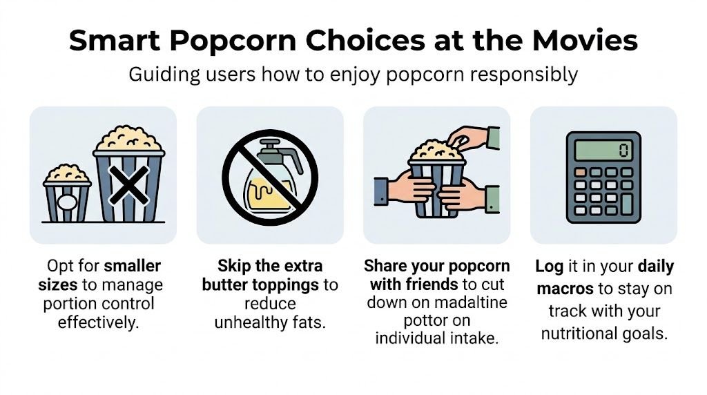 An infographic showing four tips for choosing healthier popcorn portion sizes and toppings at the cinema.