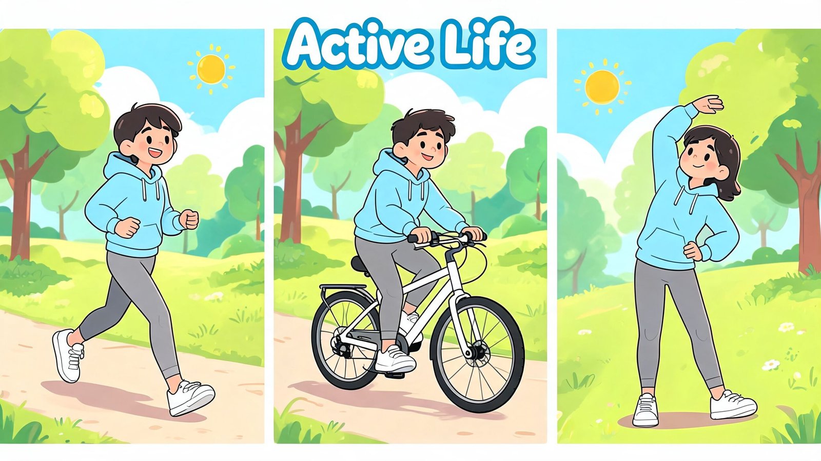 Three panels showing a person running, cycling, and stretching, promoting an active and healthy lifestyle.