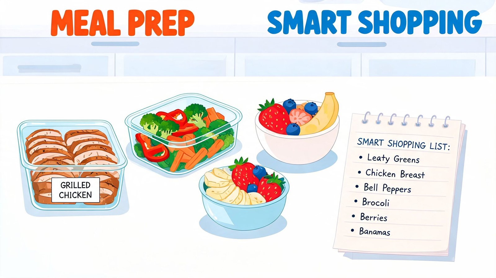 Meal prep containers with grilled chicken and vegetables alongside a smart shopping list on a notepad.