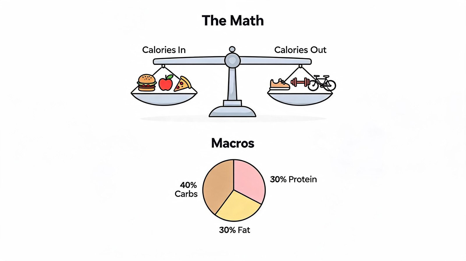 An illustration showing a scale balancing Calories In versus Calories Out and a pie chart showing macros.
