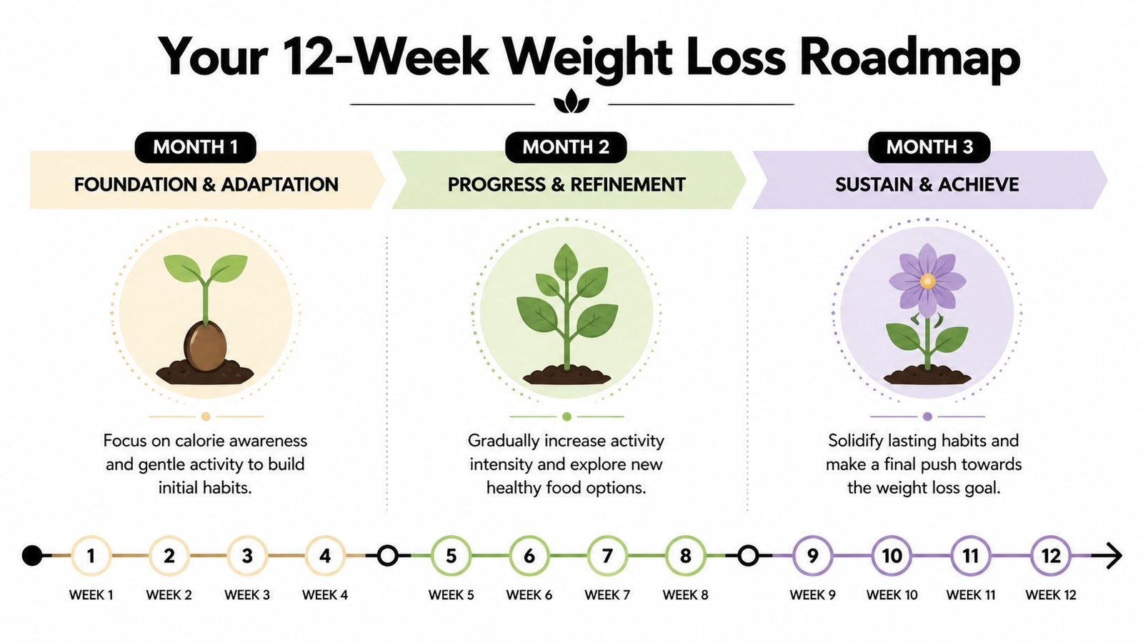 A 12-week weight loss roadmap visual guide organized by months with growth stages representing progress.