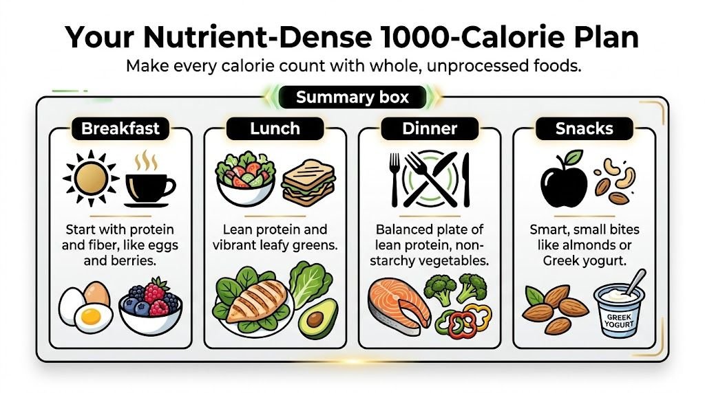 A 1000-calorie nutrient-dense diet plan featuring healthy options for breakfast, lunch, dinner, and daily snacks.