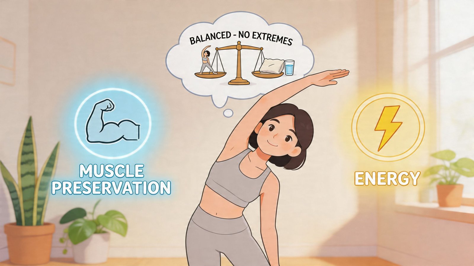 A young woman stretching, illustrating balance for weight loss with muscle preservation and energy, avoiding extreme calorie restriction.