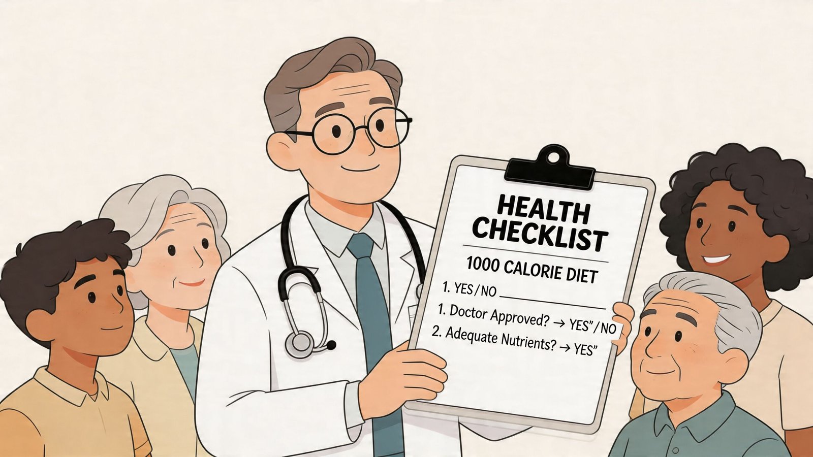 A friendly doctor showing a health checklist to a diverse group of patients of different ages.