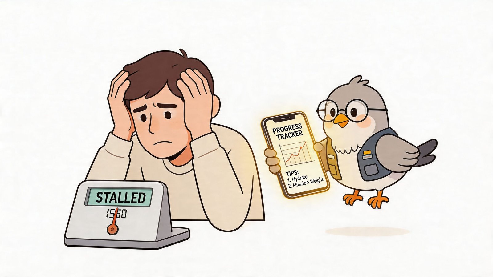 A frustrated man looking at a stalled weight scale with a helpful bird showing progress tracker advice.