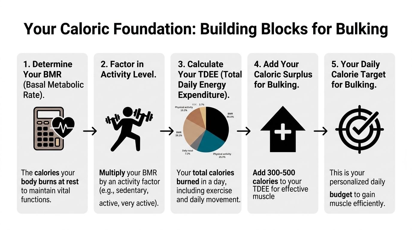 A five-step infographic showing how to calculate a daily calorie target for a muscle building diet.