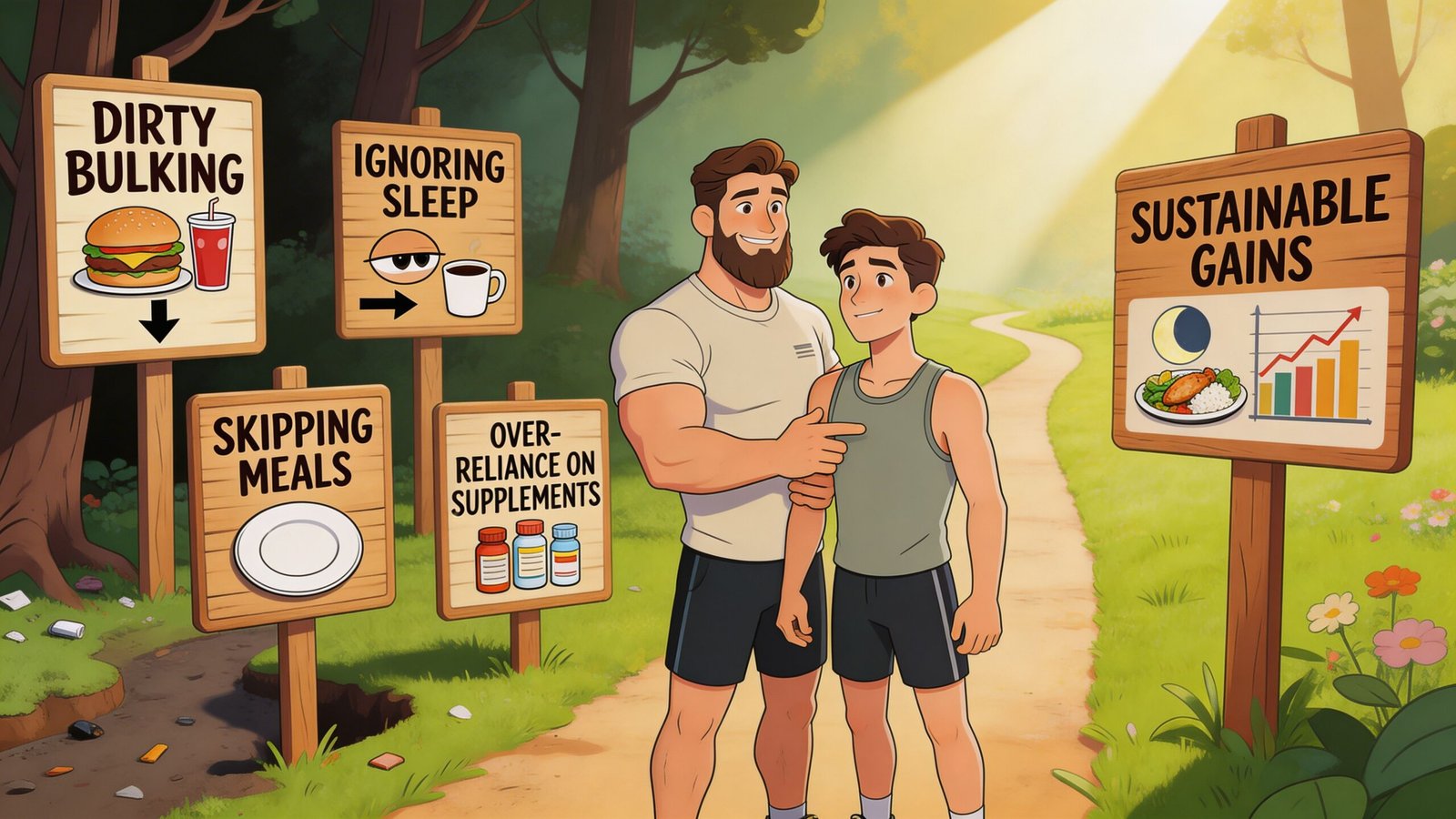 A fitness illustration contrasting poor lifestyle choices with a path toward healthy sustainable muscle gains.