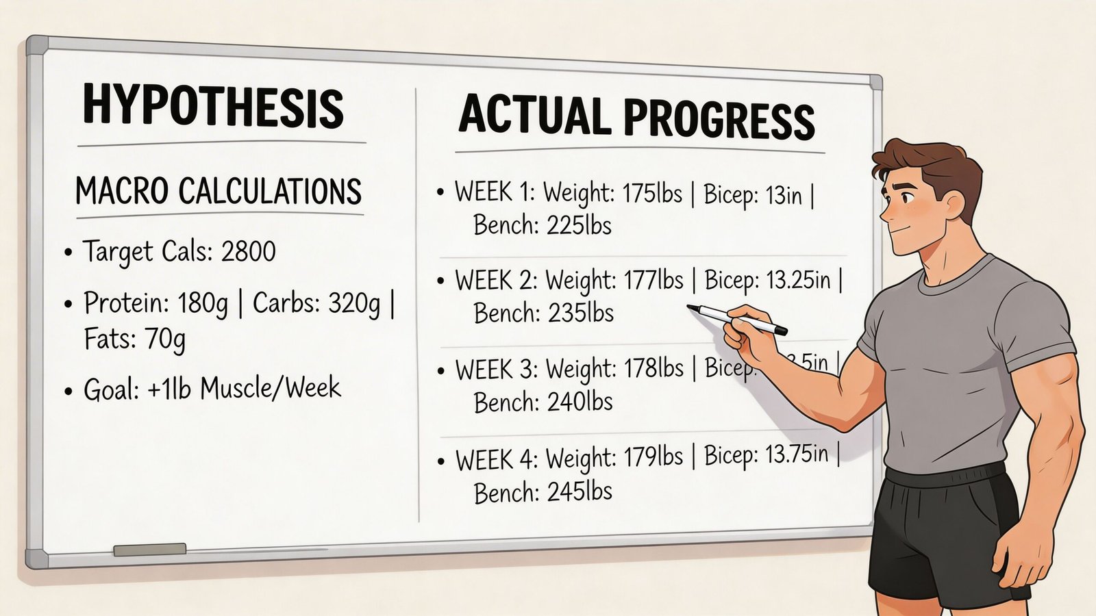 A man pointing at a whiteboard tracking weekly weight, bicep size, and bench press progress for bulking.