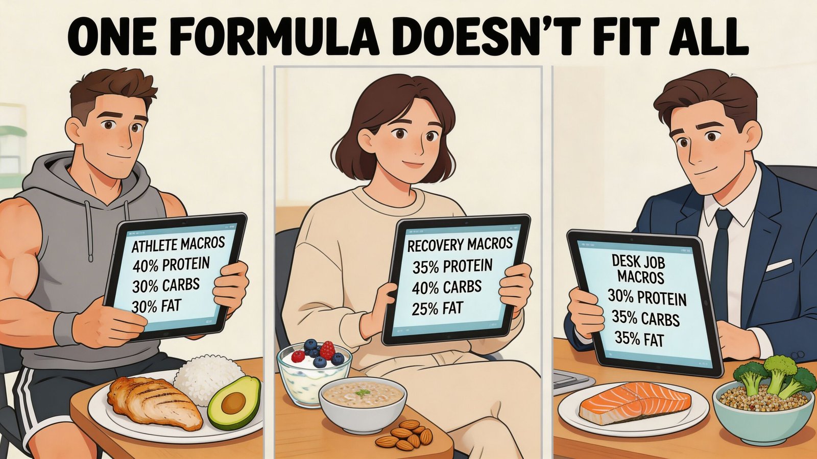 A three-panel illustration comparing macronutrient distributions for an athlete, someone in recovery, and a desk worker.