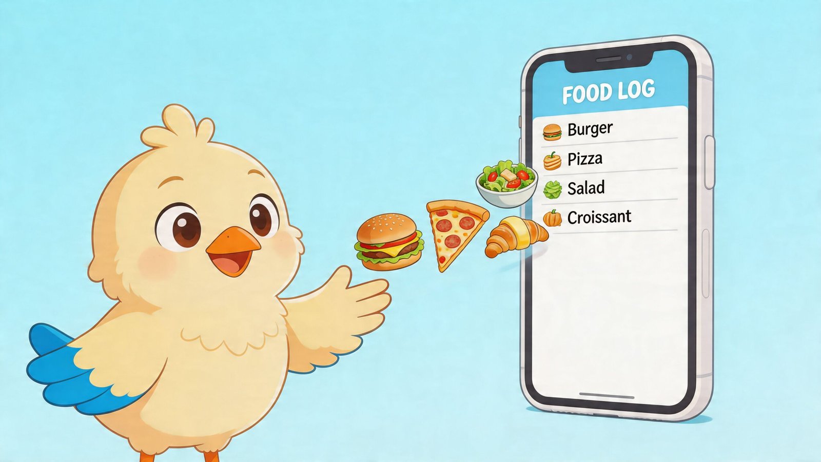 A cute cartoon bird gesturing towards a smartphone display showing a food log with various meal items.