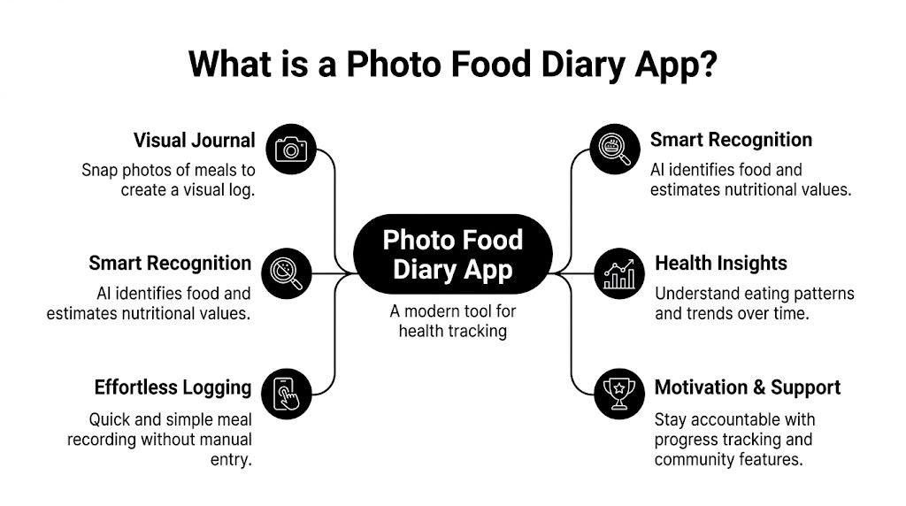 A diagram illustrating the key features of a photo food diary app for modern health tracking and logging.