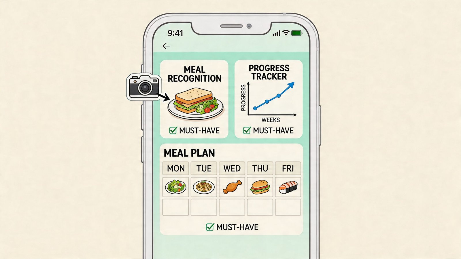 A smartphone app interface illustrating meal recognition, a progress tracker, and a weekly meal plan calendar.