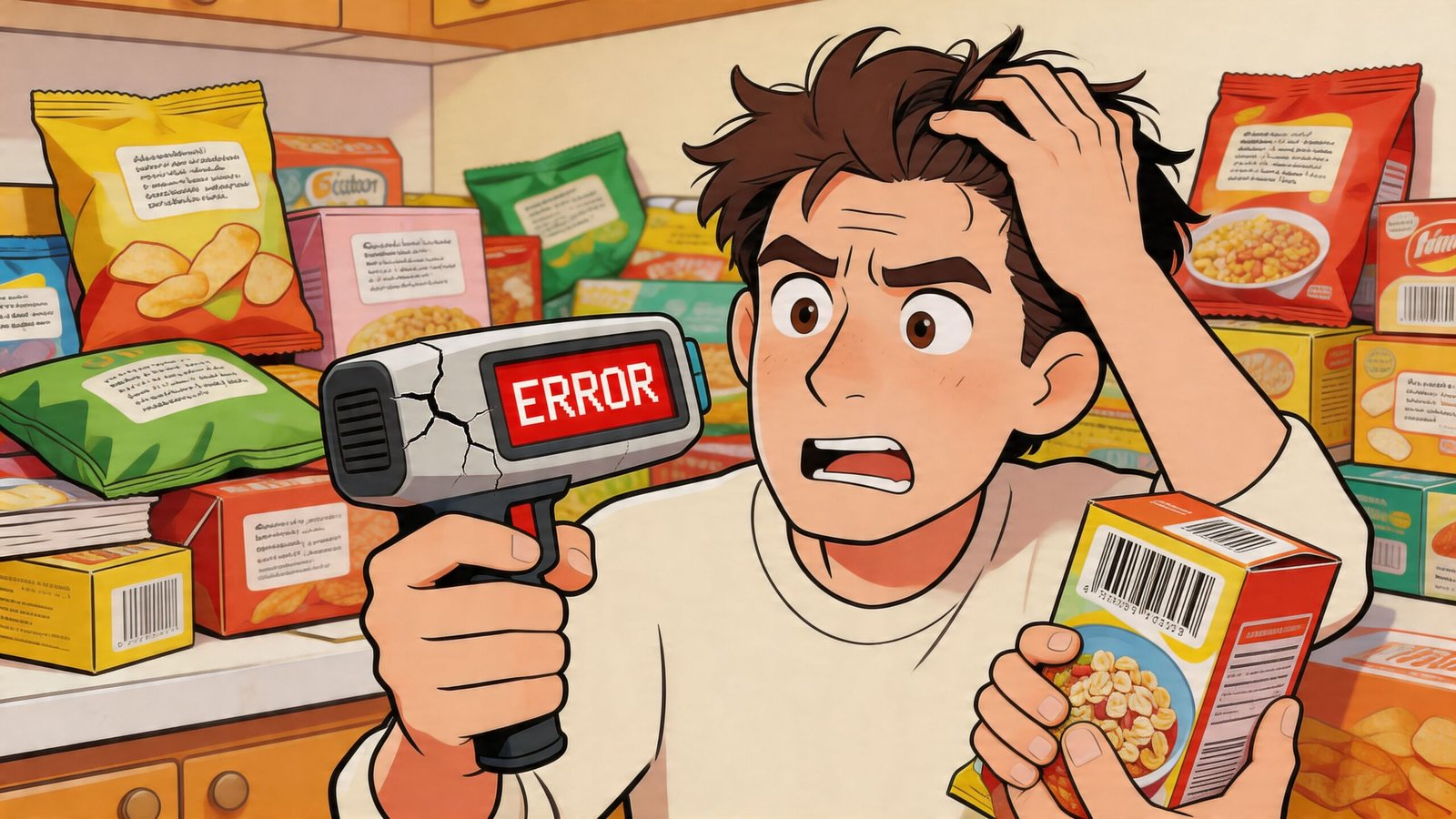 A confused young man holding a broken barcode scanner in a grocery store aisle looking overwhelmed.