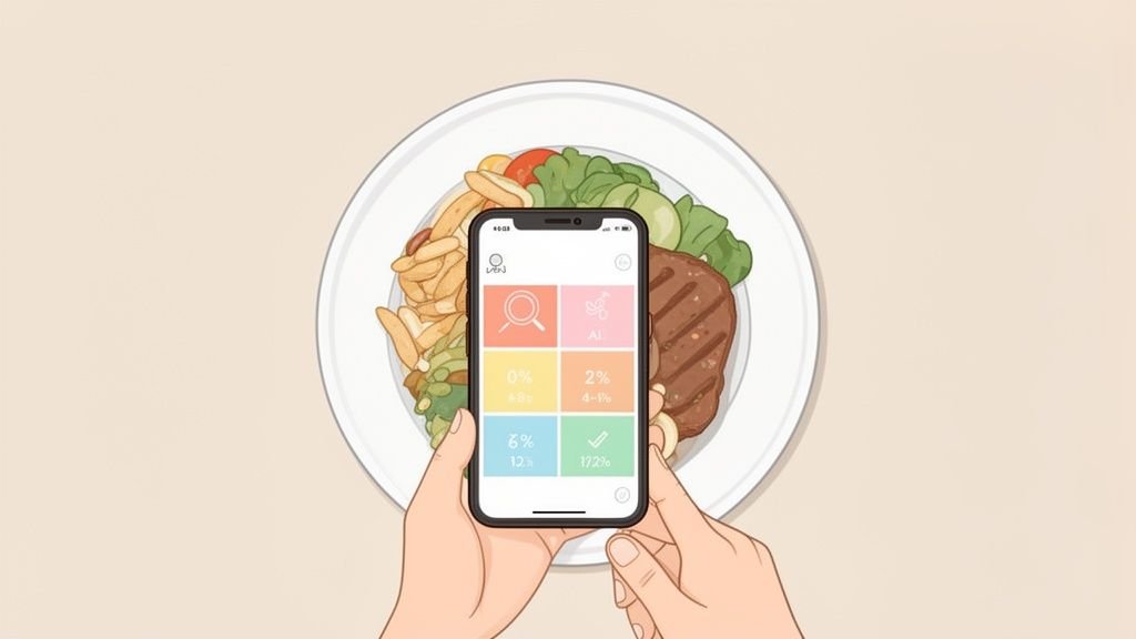 Hands hold a smartphone displaying a diet tracking app over a plate of steak, fries, and salad.