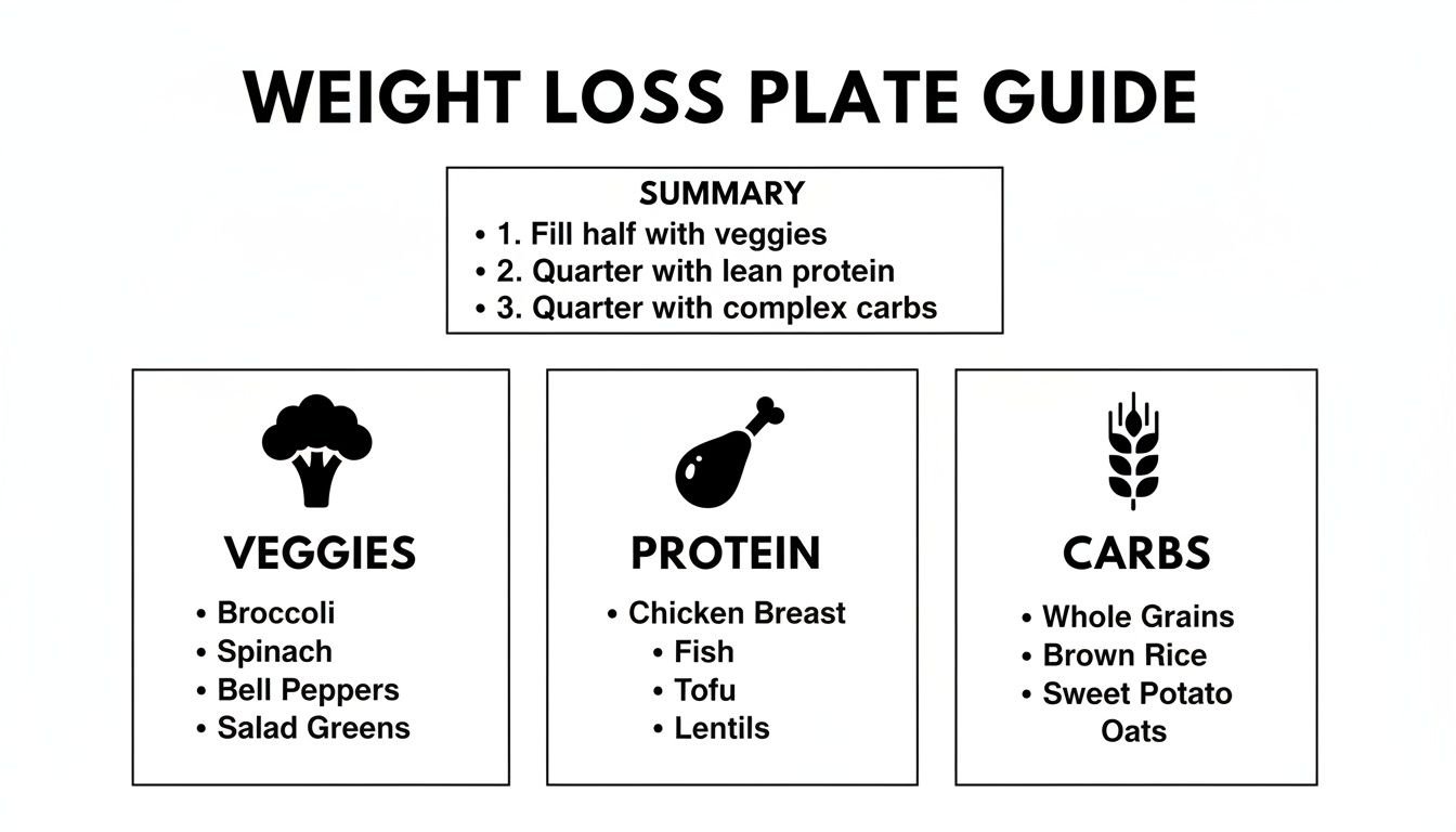 A visual guide for weight loss plate proportions, including examples of veggies, protein, and carbs.