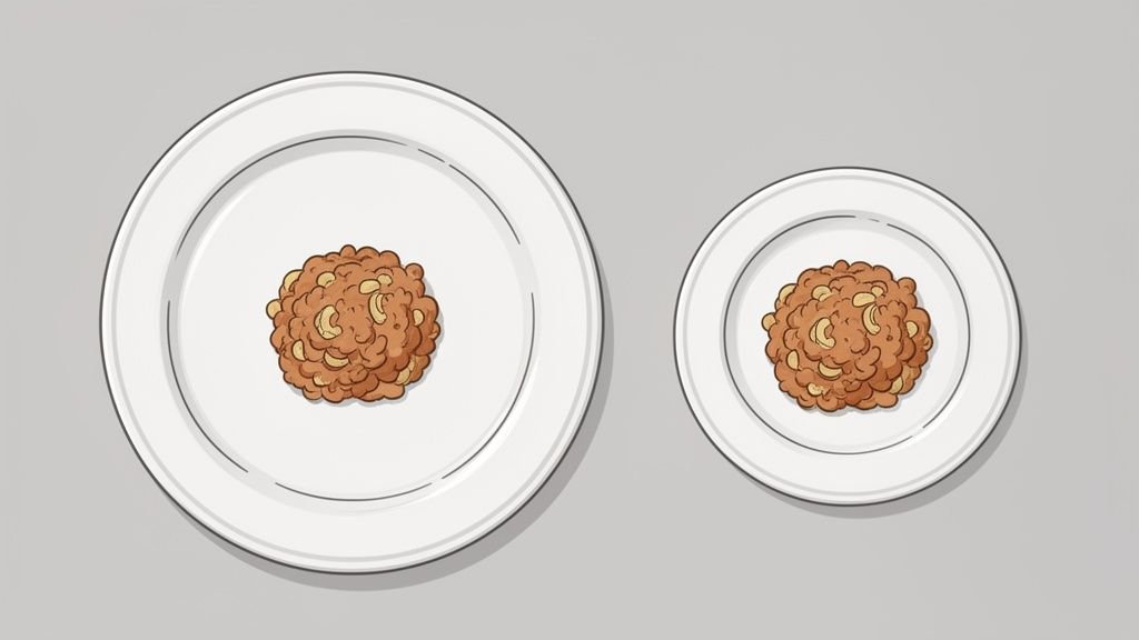 A small and a large white plate, each with an identical portion of brown food topped with cashews.