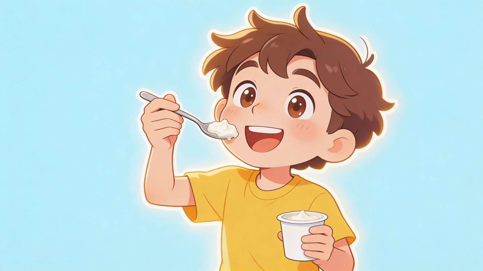 A happy young boy wearing a yellow t-shirt eating a cup of creamy yogurt with a spoon.