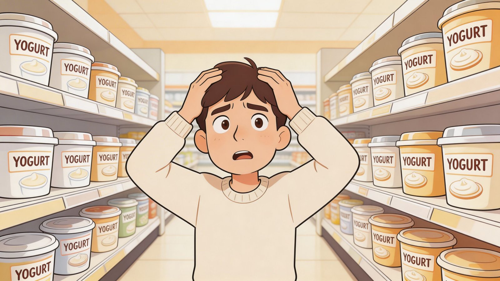 A confused young man standing in a supermarket aisle surrounded by many different containers of yogurt.