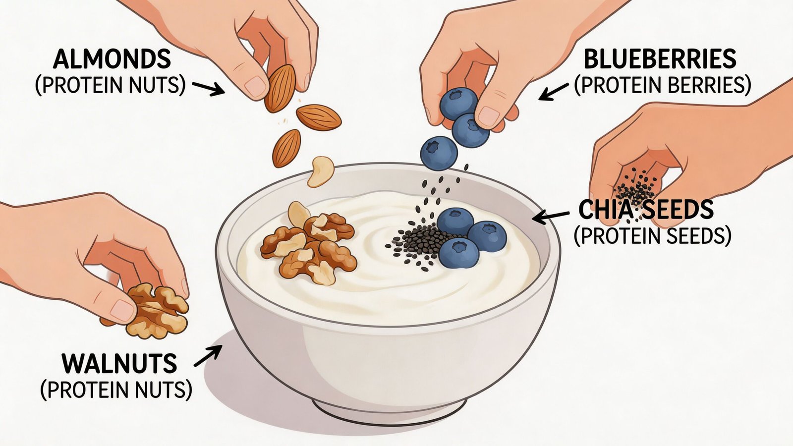 Hands adding almonds, blueberries, walnuts, and chia seeds into a white bowl of creamy yogurt.