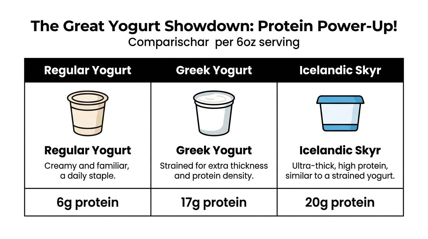 A comparison chart showing protein content per 6oz serving for regular yogurt, Greek yogurt, and Icelandic skyr.