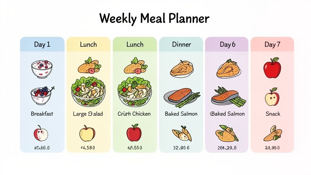Colorful weekly meal planner displaying healthy food options for breakfast, lunch, dinner, and snacks.