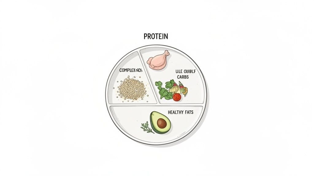A partitioned meal plate illustrating protein, complex carbs, healthy fats, and low-carb vegetables.