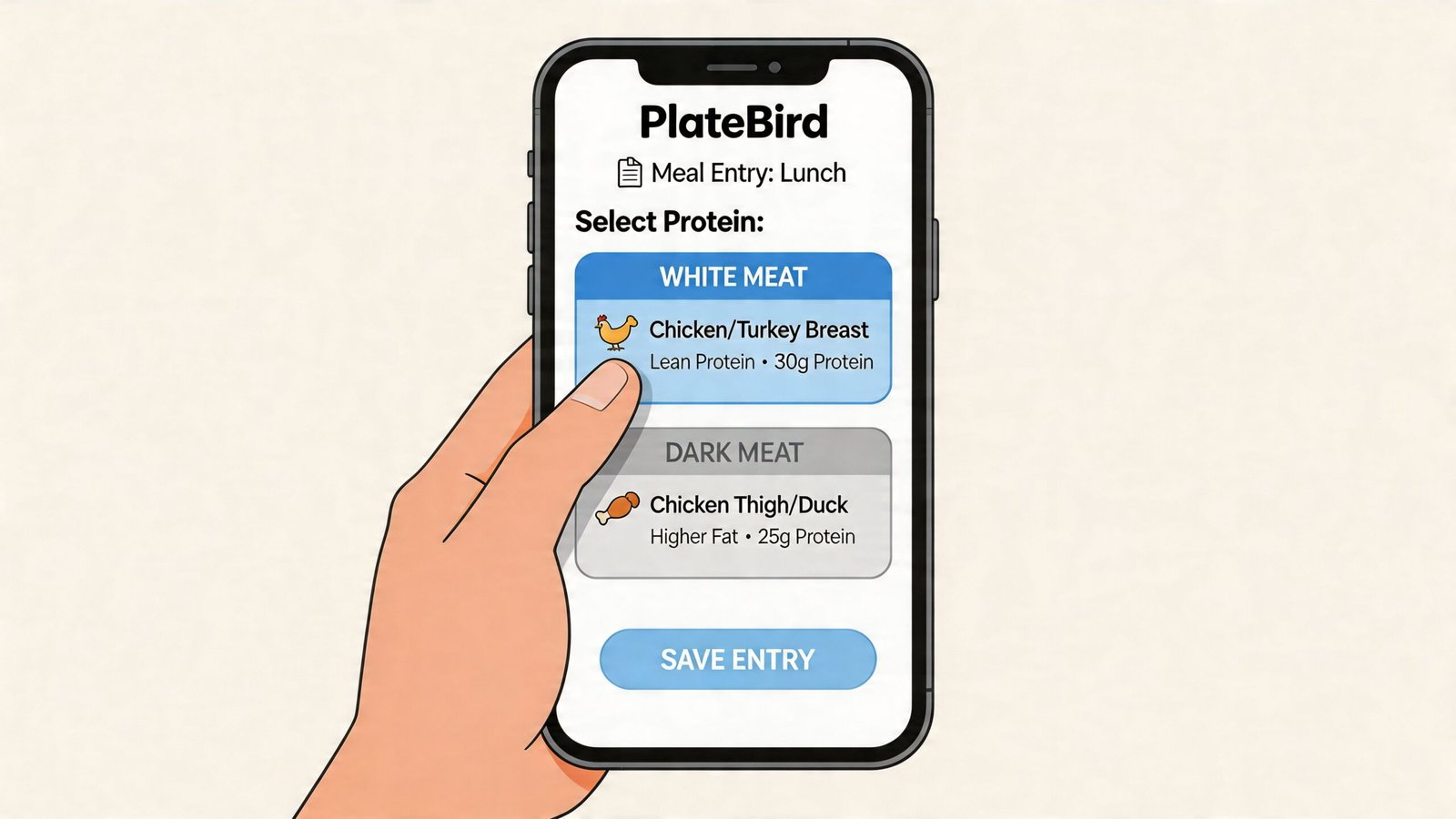 A hand holding a smartphone displaying the PlateBird app to select between white meat and dark meat.