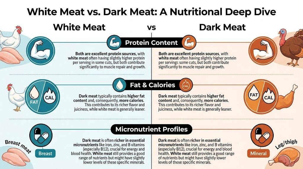 A nutritional infographic comparing white meat and dark meat in terms of protein, fat, calories, and micronutrients.