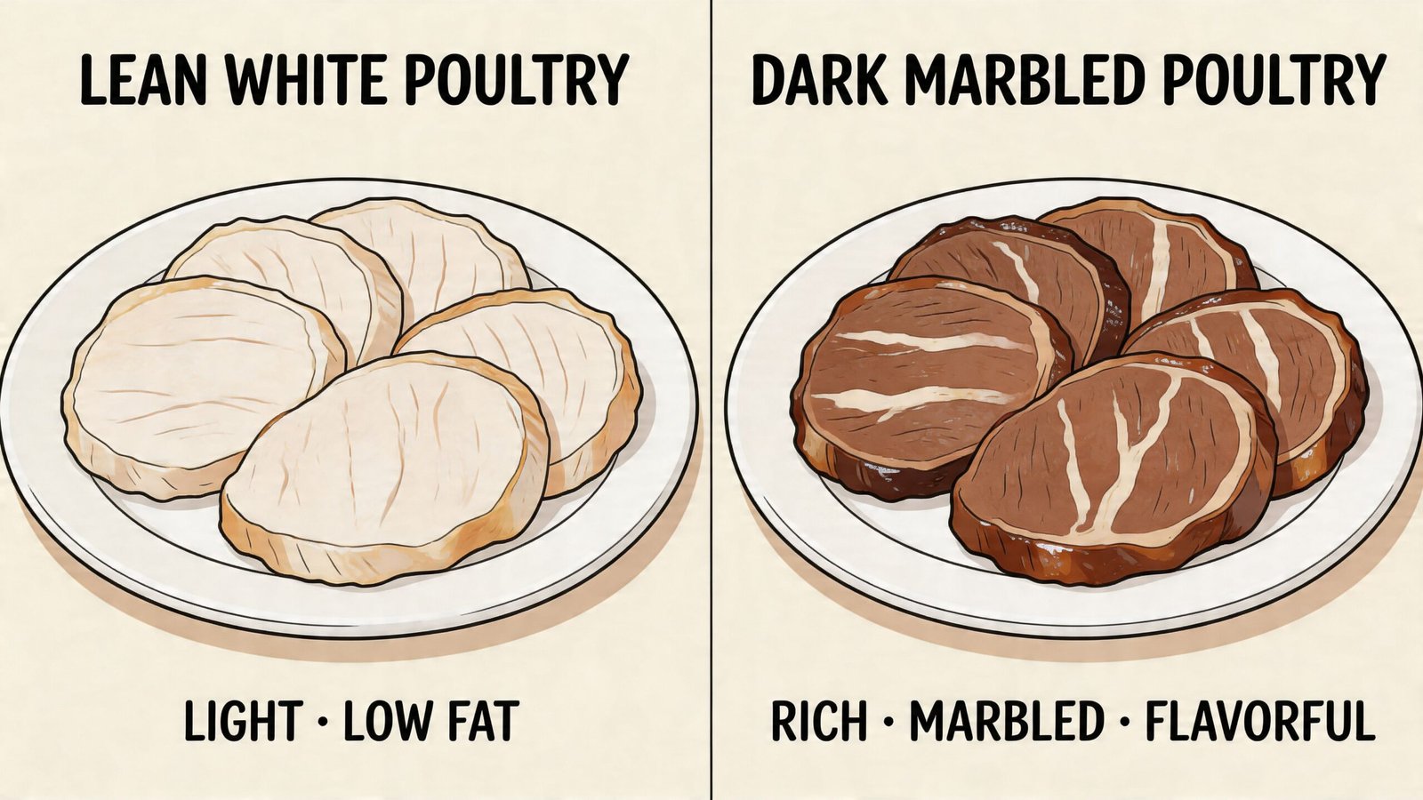 A side-by-side comparison showing a plate of lean white poultry and a plate of dark marbled poultry.